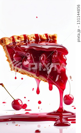 Slice of Decadent Cherry Pie with Dripping Glaze and Fresh Cherries on White Background 131144856