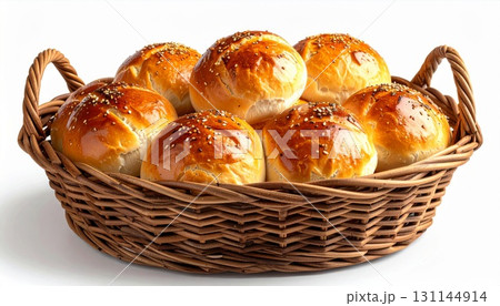 Golden Brown Buns in Woven Basket with Sesame Seeds on White Background 131144914