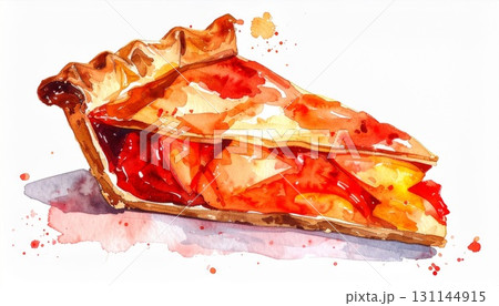Watercolor Slice of Peach Pie with Crust on White Background 131144915
