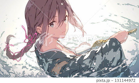 和服姿で剣を持つ少女と水しぶき 131144972
