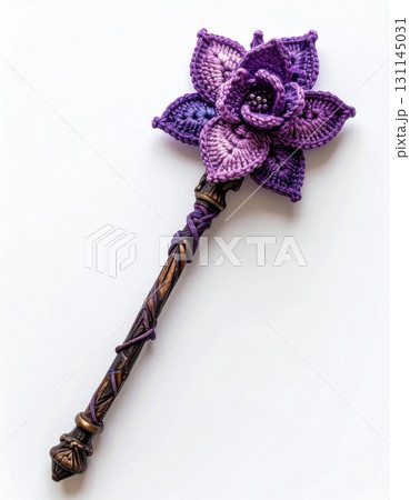 Elegant Purple Crochet Flower Magic Wand on White Background for Fairy Tales 131145031