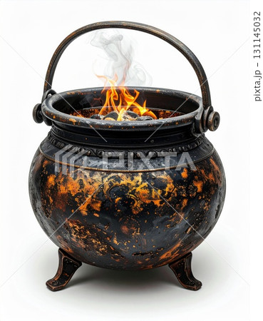 Dark Metallic Cauldron with Fire and Smoke on White Background 131145032