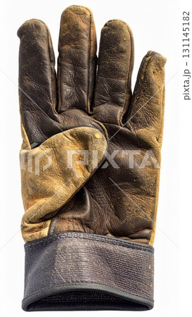 Worn Brown Leather Glove Isolated on White Background Full Shot 131145182