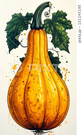 Watercolor Painting of Yellow Pear Shaped Squash with Green Leaves Against White Background 131145195