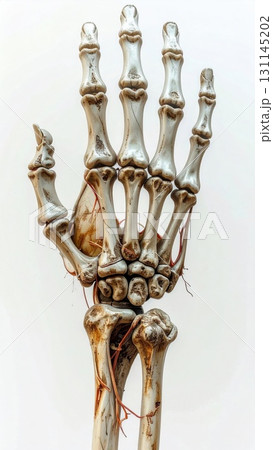 Anatomical Model of Human Hand Skeleton Against a Clean White Background Close up Isolated 131145202