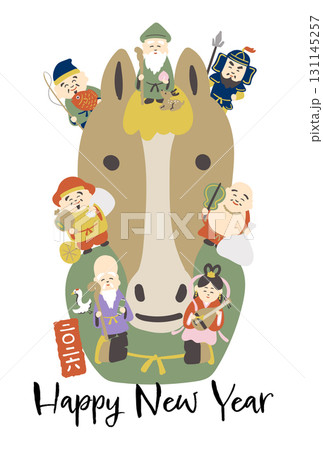 2026年　馬と七福神の年賀状デザイン　午年　縦型 131145257