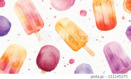 Brightly colored popsicles in various shapes and flavors are surrounded by splashes of abstract color, creating a cheerful atmosphere 131145275