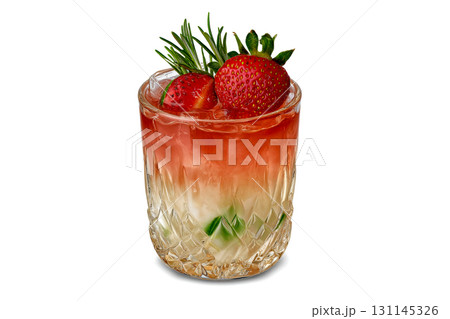 A beautifully layered cocktail features fresh strawberries and rosemary, showcasing color and freshness on a crisp white backdrop A beautifully layered cocktail features fresh strawberries and rosemary, showcasing color and freshness on a crisp white backdrop 131145326