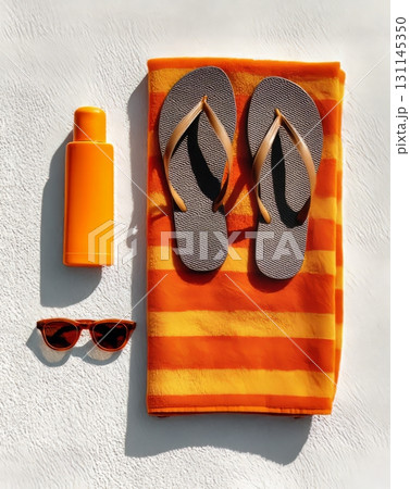 Summer vacation items flat lay on white background Summer vacation items flat lay on white background 131145350
