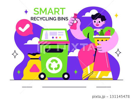 Smart Recycling Bins Illustration Featuring Technology with Intelligent Waste Sorting, Environmental Monitoring, and Sustainable Garbage Management 131145478