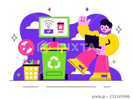 Smart Recycling Bins Illustration Featuring Technology with Intelligent Waste Sorting, Environmental Monitoring, and Sustainable Garbage Management 131145486