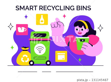 Smart Recycling Bins Illustration Featuring Technology with Intelligent Waste Sorting, Environmental Monitoring, and Sustainable Garbage Management 131145487