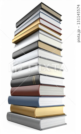 Tall Stack of Various Colors Books Leaning on White Background Representing Learning Tall Stack of Various Colors Books Leaning on White Background Representing Learning 131145574