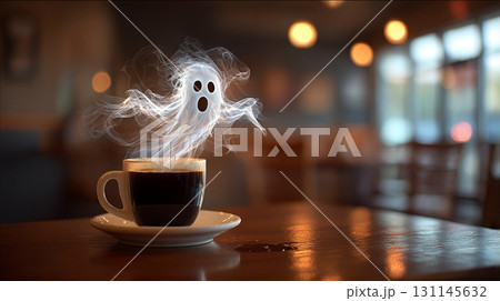 Haunted Coffee. A ghostly figure emerges from a cup of coffee 131145632