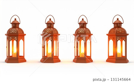 Four Brown Ramadan Lanterns Casting Warm Light on a Seamless White Background 131145664