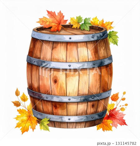 Watercolor Illustration of a Wooden Barrel Surrounded by Colorful Autumn Leaves on White Background 131145782