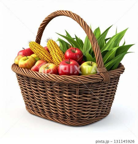 Wicker Basket Full of Ripe Apples and Fresh Corn with Green Leaves on Clean White Background 131145926