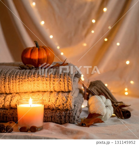 Cozy Autumn Still Life with Candle Pumpkins and...のイラスト素材 [131145952 ...