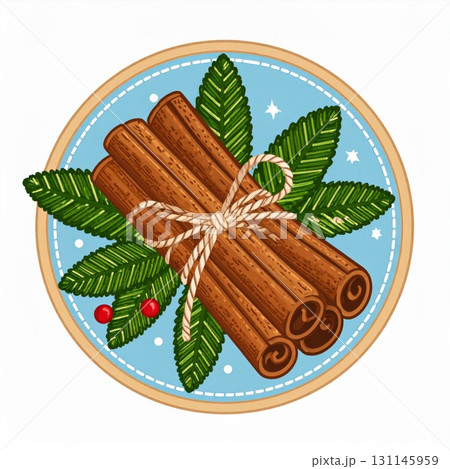 Cinnamon Sticks with Mint Leaves and Red Berries on Round Plate with Festive Border Cinnamon Sticks with Mint Leaves and Red Berries on Round Plate with Festive Border 131145959