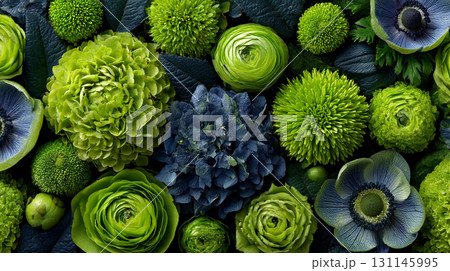 Vibrant Floral Arrangement. A lush composition of green and purple blooms 131145995
