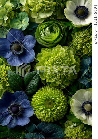 Vibrant Floral Arrangement. A lush composition of green and purple blooms Vibrant Floral Arrangement. A lush composition of green and purple blooms 131145998