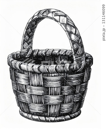 Monochrome Wicker Basket with Braided Weave and Handle Isolated on White 131146099