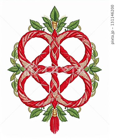 Intricate Woven Knot with Red and Beige Ribbons Surrounded by Green Leaves on White Intricate Woven Knot with Red and Beige Ribbons Surrounded by Green Leaves on White 131146200