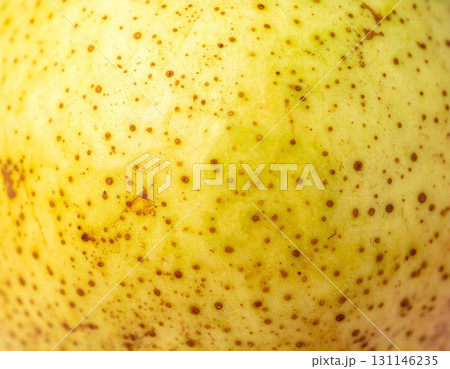 Close Up of Apple Skin with Texture and Tiny Brown Dots on a Yellow Background 131146235