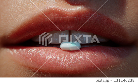 Lip Bite Pill. Close-up of lips softly holding a green-coated pill between teeth. 131146239