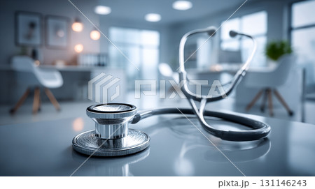 Stethoscope in Modern Clinic. Close-up of a stethoscope in a bright, modern clinic 131146243