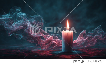 Ethereal Candlelight A glowing candle amidst swirling, colorful smoke 131146246
