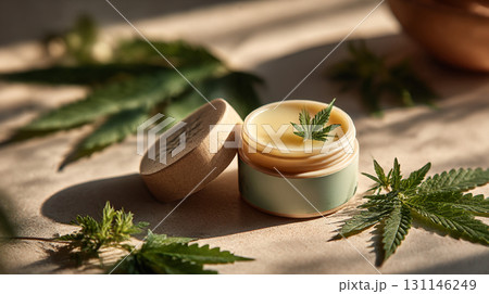 Herbal Cream. Open jar of herbal cream with hemp leaves in soft, natural light 131146249