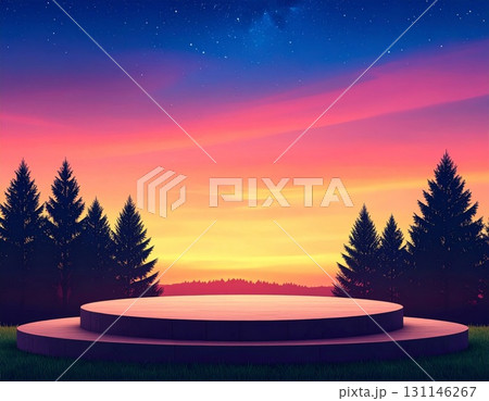Two Tiered Stage with Silhouetted Trees Under a Vibrant Sunset Sky with Starry Night Backdrop 131146267