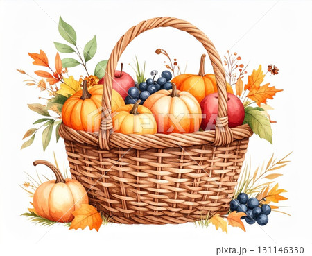 Wicker Basket Full of Pumpkins Apples and Grapes with Autumn Leaves on a White Background 131146330