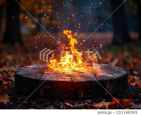 Glowing Flames Burning on Wooden Stump Amidst Autumn Foliage in Dark Forest Glowing Flames Burning on Wooden Stump Amidst Autumn Foliage in Dark Forest 131146365