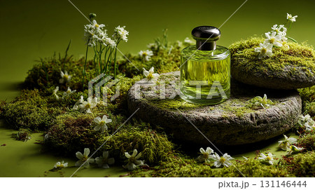 Nature-Inspired Fragrance A perfume bottle amid lush moss and white flowers 131146444
