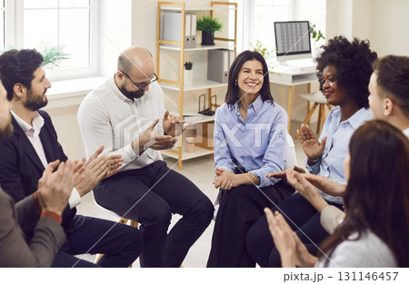 Businesswoman Leading Meeting With Colleagues In Office Circle 131146457