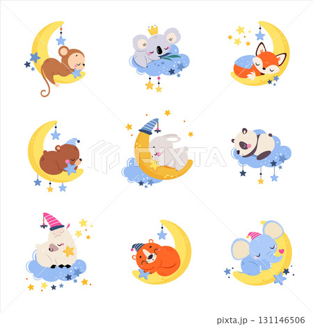 Moon with Animal Sleeping Have Sweet Dreams Vector Set 131146506