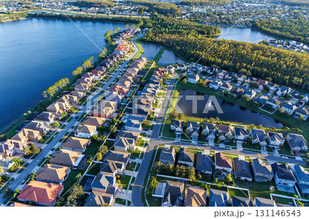 Aerial view photo of new neighborhood real estate buildings in Wyndham Lakes, Orlando, Florida, United States 131146543