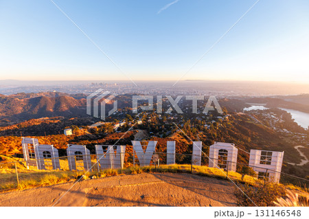 Hollywood sign at Mount Lee with view on Los Angeles in the United States 131146548