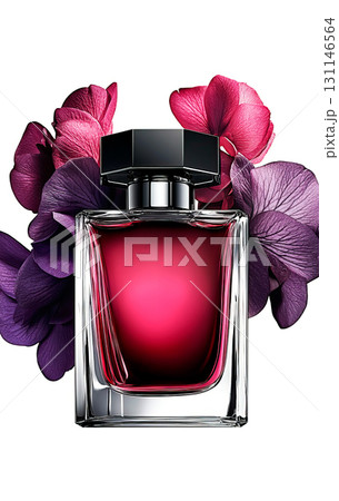 Perfume bottle and flowers on a white surface. Copy space. Mockup. Beauty and fashion concept. 131146564
