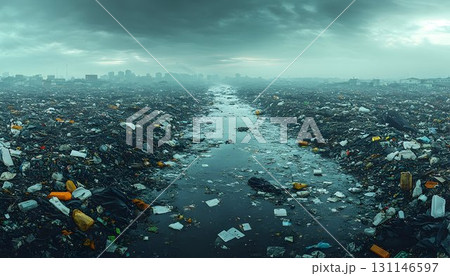Plastic waste pollution environmental problem dark gloomy landscape 131146597