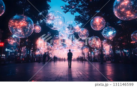 Silhouette person among glowing spheres at night surreal cityscape 131146599
