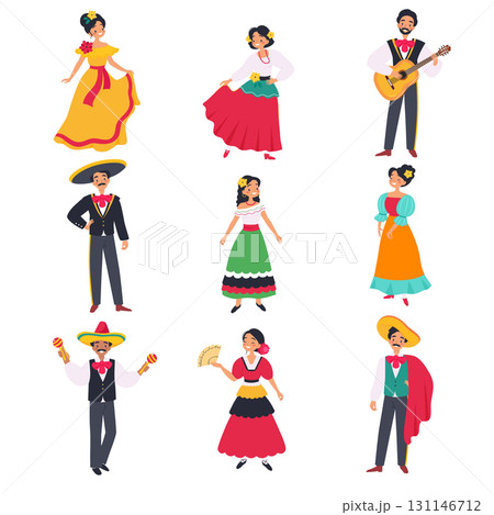 Mexican Man and Woman Character in Traditional Clothes Vector Set 131146712