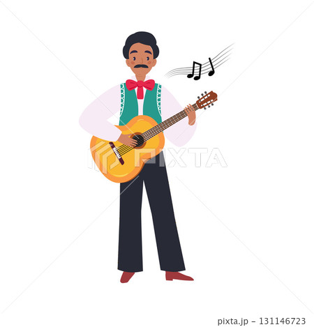 Mexican Man Character in Traditional Clothes Standing Play Guitar Vector Illustration 131146723