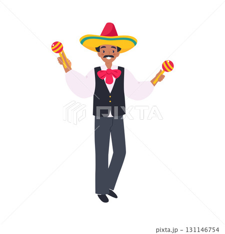 Mexican Man Character in Traditional Clothes Standing Play Maraca Vector Illustration Mexican Man Character in Traditional Clothes Standing Play Maraca Vector Illustration 131146754