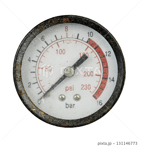 Old rusty pressure gauge isolated Old rusty pressure gauge isolated 131146773