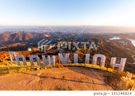 Hollywood sign at Mount Lee with view on Los Angeles in the United States Hollywood sign at Mount Lee with view on Los Angeles in the United States 131146824