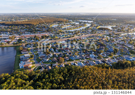 Aerial view photo of new neighborhood real estate buildings in Buenaventura Lakes, Orlando, Florida, United States Aerial view photo of new neighborhood real estate buildings in Buenaventura Lakes, Orlando, Florida, United States 131146844