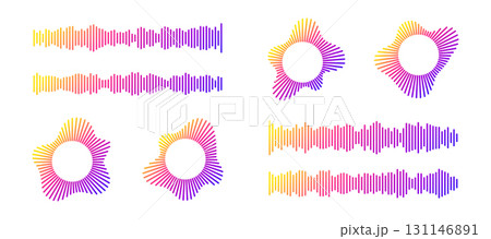 Gradient sound wave patterns with music audio frequencies in circular and linear designs for equalizer visualization. Colorful rhythm bars for podcast or streaming interface. Digital waveform set. 131146891
